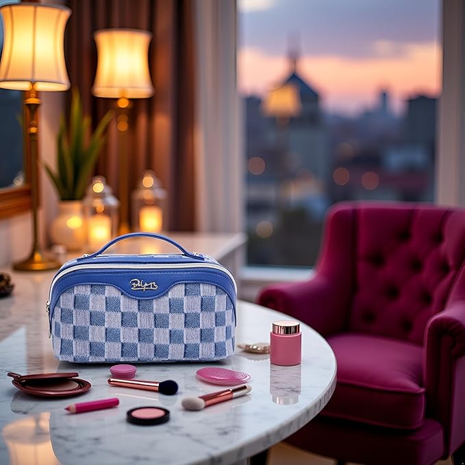 BOYATU Travel Makeup Bag for Women: Large Cosmetic Bag Set of 3 - PU Leather Make up Bag with Compartments - Compact Waterproof Toiletry Bag with Divider & Handle (D-1-Blue)