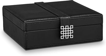 Glenor Co Ring Box Organizer - 54 Slot Classic Jewelry Display Case Holder - Storage Tray with Modern Buckle Closure, Large Mirror - for Rings and Cufflinks - Small for Travel - PU leather - Black