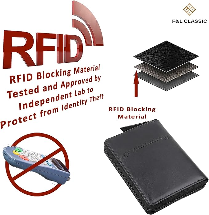 Passport Wallet - Travel Document Holder w/RFID Blocking – Full Grain Leather – Bifold compact zip around Wallet with Credit Card Slots for Women and Men, black, 500-90