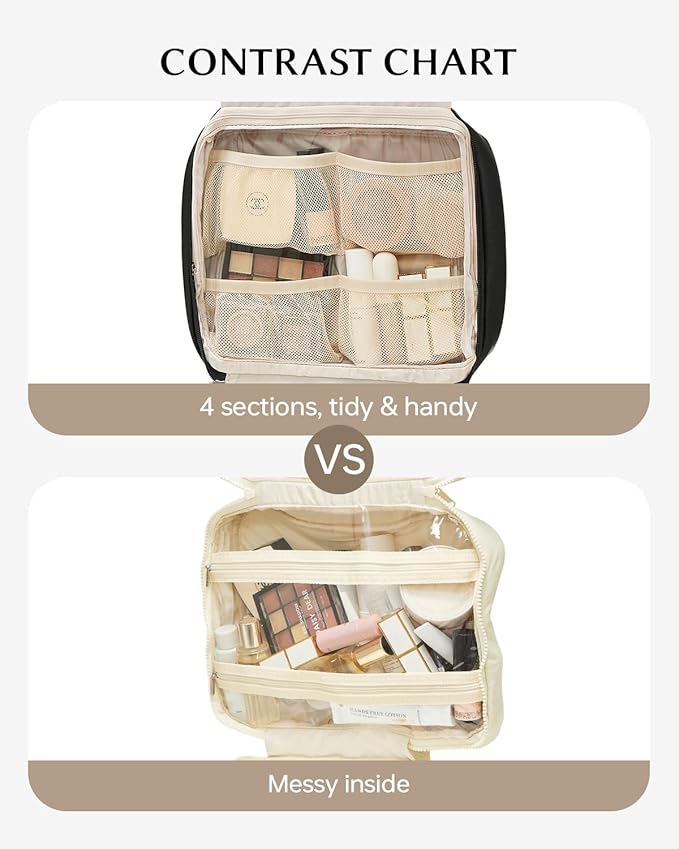 EACHY Toiletry Bag with Hanging Hook, Travel Makeup Bag PU Leather Cosmetic Bags for Women Make Up Organizer with 4 Compartments Waterproof Full-Size Portable Travel Essentials (Black，Pro)