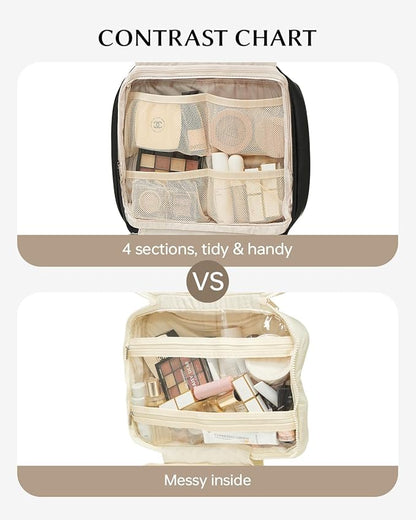 EACHY Toiletry Bag with Hanging Hook, Travel Makeup Bag PU Leather Cosmetic Bags for Women Make Up Organizer with 4 Compartments Waterproof Full-Size Portable Travel Essentials (Black，Pro)