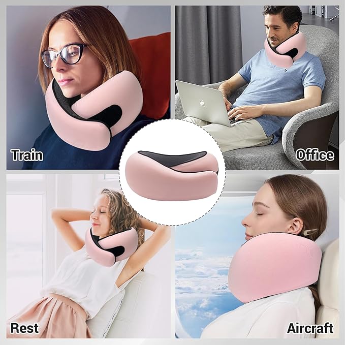 Outney™ Travel Pillow for Airplanes 2025 Veritable Chin Support Travel Neck Pillow 100% Pure Memory Foam Full Neck Surround Pillows for Traveling Flight Sleeping Portable Travel Essentials (Pink)