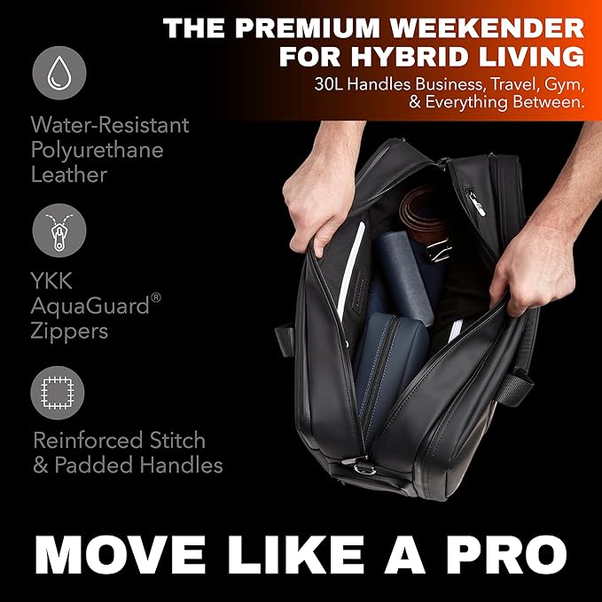 The FTL Pro Mens Travel Bag - 30L Premium Work to Gym Weekender Duffel with Garment Bag, Shoe Space & 18" Laptop Sleeve - Organized Athletic Business Carry On Hybrid, Fits Under Airplane Seat - Black