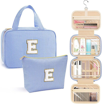 YOOLIFE Teen Girl Gifts Trendy Stuff - Birthday Gifts for 7 8 9 10 11 12 13 14 15 16 17 18 Year Old Teen Girls, Hanging Toiletry Bag Initial Makeup Bag - Letter E, Blue