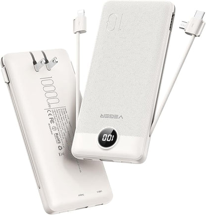 VEGER Portable Charger with Built-in AC Plug and Cables, All in One 10000mAh Ultra Slim Power Bank Travel Essentials, 15W Fast Charging Battery Pack Compatible with iPhone, Samsung, Android (Coffee)