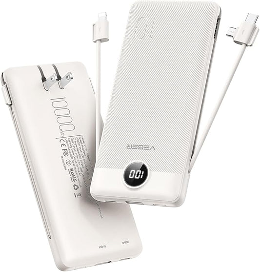 VEGER Portable Charger with Built-in AC Plug and Cables, All in One 10000mAh Ultra Slim Power Bank Travel Essentials, 15W Fast Charging Battery Pack Compatible with iPhone, Samsung, Android (Coffee)