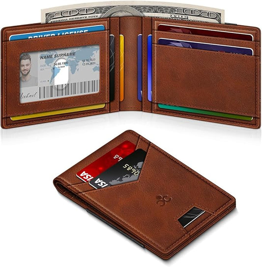Wallet for Men Slim Leather Wallets for 13-17 Cards, RFID Blocking Thin Card Holder Wallet with ID Window & Large Capacity Cash Slot, Minimalist Bifold Small Wallet for Front Pocket, Gift for Men