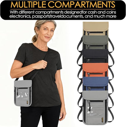 Travel Neck Wallet RFID Blocking – Hidden Passport Holder & Anti-Theft Money Pouch for Men & Women, Lightweight Concealed Undergarment Organizer with Adjustable Strap, Secure Document Holder