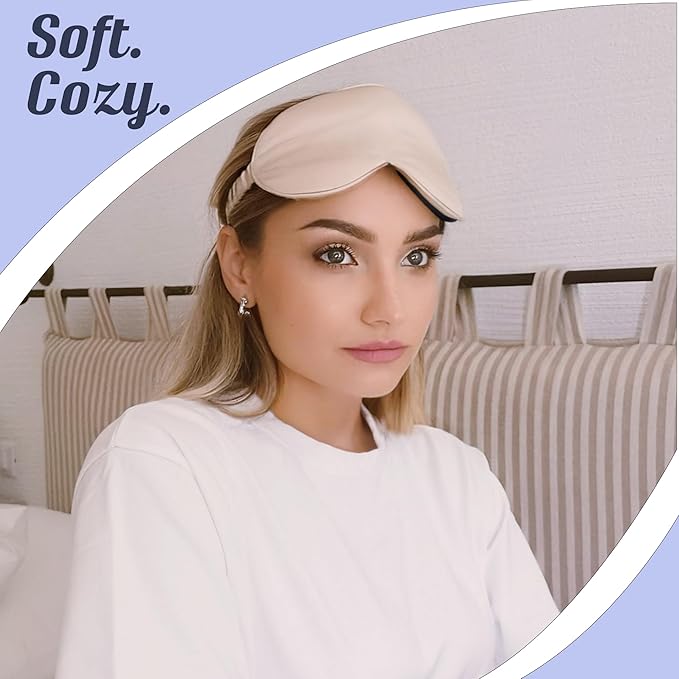 MATASSE Silk Eye Mask for Sleeping with Adjustable Elastic Band - 3D Contoured, Eye Cover Sleep Mask w/Genuine Mulberry Silk Including The Strap for Women, Men (Champagne/Black)