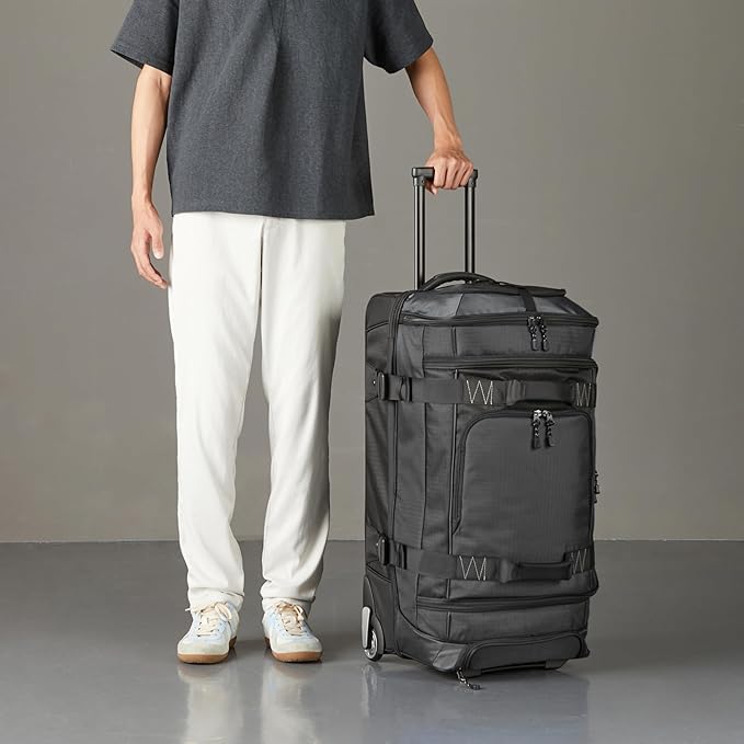 Amazon Basics 30-Inch Large Rolling Duffle Bag with Wheels and Handle, Travel Duffle Bag with Durable Ripstop Polyester Material, 2 Layers of Space, Multiple Interior and Exterior Pockets, Black