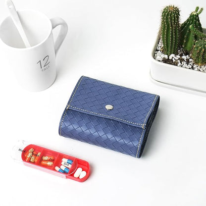 Pill Organizer,LIZIMANDU Weekly Travel Pill Case Box Medication Reminder Daily AM PM, Day Night 7 Compartments,for 4 Times A Day, 7 Days a Week-Includes Leather PU Carrying Case(1-Weave Blue)