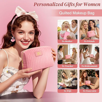 Monogrammed Make Up Bags for Women,Personalized Cosmetic Bags Women,Small Quilted Makeup Pouch,Cute Makeup Bag Travel,Birthday Gifts for Teen Girl (Pink N)