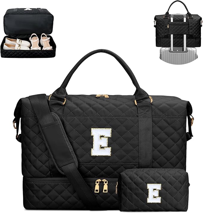 Gifts for Women Girls Initial Travel Duffle Bag Quilted Weekender Carry-On Overnight with Cosmetic Bag, Gym Bag with Shoe Compartment, Black E