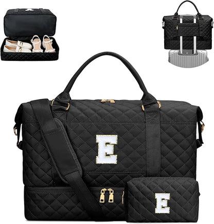 Gifts for Women Girls Initial Travel Duffle Bag Quilted Weekender Carry-On Overnight with Cosmetic Bag, Gym Bag with Shoe Compartment, Black E