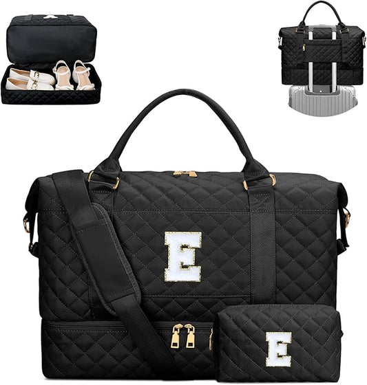 Gifts for Women Girls Initial Travel Duffle Bag Quilted Weekender Carry-On Overnight with Cosmetic Bag, Gym Bag with Shoe Compartment, Black E