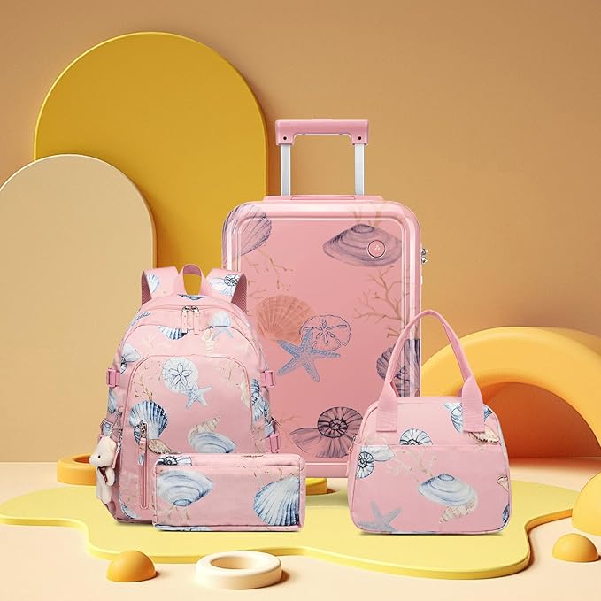 Somago 4 Piece Kid's Luggage with Backpack Set for Boys Girls Spinner 18" Hardside PC Rolling Carry on Suitcase with TSA Lock (Seashell Pink)