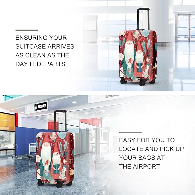 Christmas Gnome Luggage Cover - Red Background with Santa's Helpers, Trees and Snowmen, Elastic Holiday Travel Case for 28 30 Inch Bag