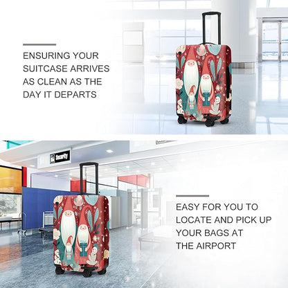 Christmas Gnome Luggage Cover - Red Background with Santa's Helpers, Trees and Snowmen, Elastic Holiday Travel Case for 32 34 Inch Bag