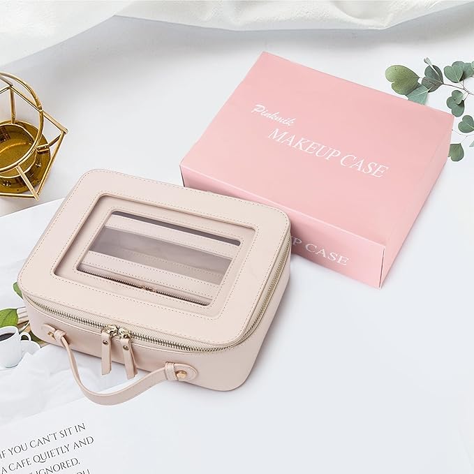 Pinkmik Clear Makeup Bag with Brush Bag 3pcs Waterproof Travel Case for Cosmetics and Toiletries Women's Makeup Organizer with Zipper (Beige, L+M+SLIM)