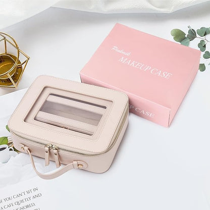 Pinkmik Clear Makeup Bag with Brush Bag 3pcs Waterproof Travel Case for Cosmetics and Toiletries Women's Makeup Organizer with Zipper (Beige, L+M+SLIM)