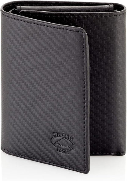 Stealth Mode Trifold Wallet - RFID Blocking Wallet with Flip ID Holder - Leather Case for Money, Credit Cards - Mens Organizer, Divided Billfold, Identity Protection - Men's Gifts (Carbon Fiber)