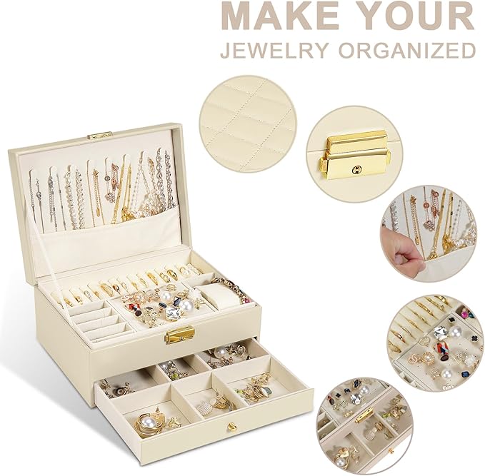 GUOER Jewelry Box for Women Girl Wife - Large PU Leather Jewelry Organizer Storage Case with Two Layers Display for Earrings Bracelets Rings Watches (Apricot)