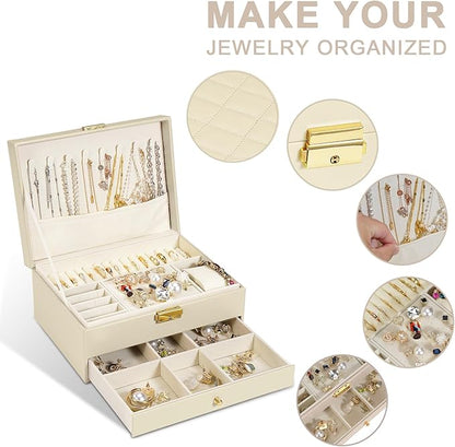 GUOER Jewelry Box for Women Girl Wife - Large PU Leather Jewelry Organizer Storage Case with Two Layers Display for Earrings Bracelets Rings Watches (Apricot)