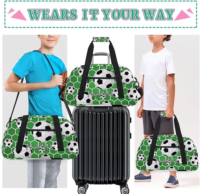 Personalized Kids Duffel Bag for Girls & Boys - Travel, Soccer, Sport Pattern - Custom Gym Overnight Weekender Tote Carry-On Teen Dance Bag