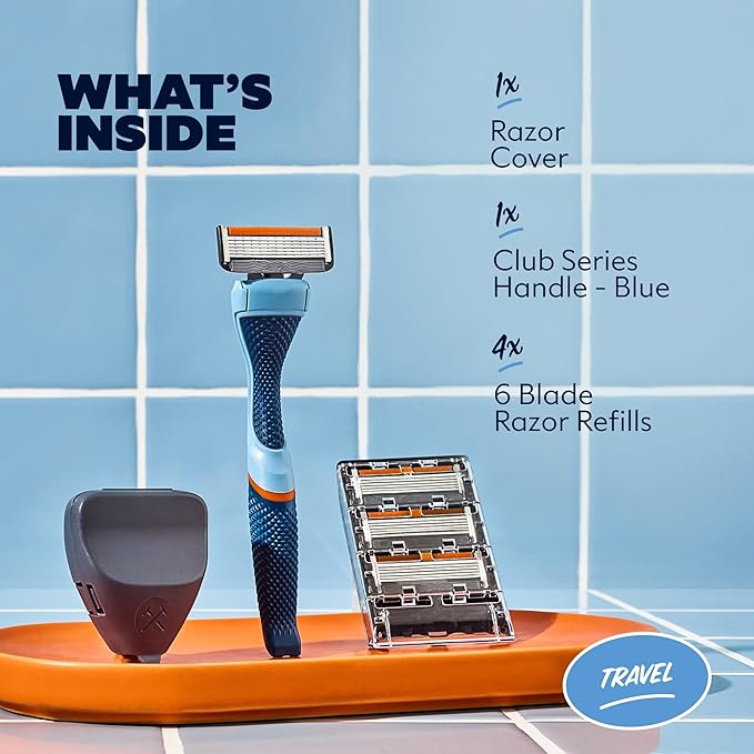 Dollar Shave Club | Travel Shave Set | 4 Extra Close Refill Cartridges, 1 Handle (Blue), 1 Razor Cover