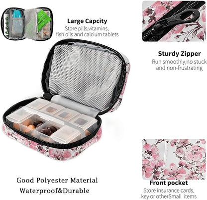 Fustylead Spring Pink Cherry Blooming Branch Pill Organizer Travel Portable Zipper Cloth Bag for Holding Weekly Supplements Vitamins and Fish Oils