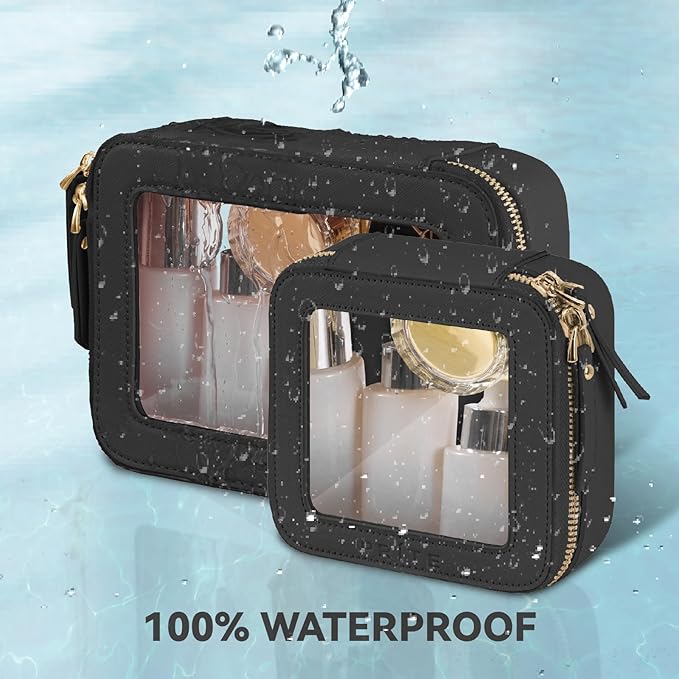 Prite Clear Makeup Bag Set for Women Portable Clear Makeup Bag Cute Waterproof Travel Cosmetic Bag with Gold Zipper for Car Essentials(Black)