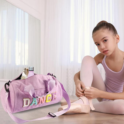 Dance Ballet Bag for Girls Sport Gym Duffle Bags Overnight Travel Bags Fun Dance Corduroy Chenille Letter Bag for Dancers (Purple)
