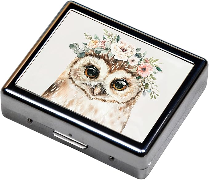 7 Days Chromed Shiny Silver Pill Organizer with Mirror Inside Has 8 Separate Compartments Rectangle Cute Travel Pill Organizer for Purse 7 Days (Cute owl)