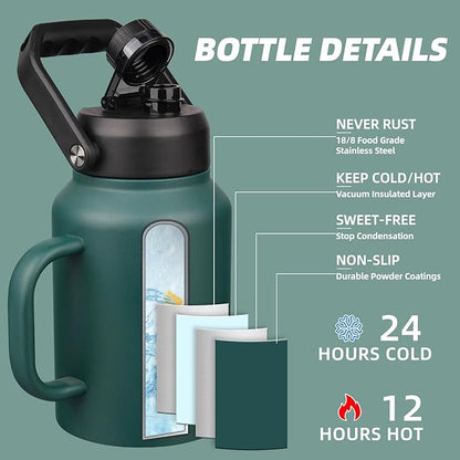 BJPKPK 64oz Insulated Water Bottle with Handle, Large Dishwasher Safe Half Gallon Water Bottle, BPA Free Water Jug, Wide Mouth Metal Flasks with Anti-slip Bottom, Keep Cold & Hot, Army Green