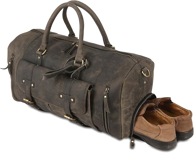 KomalC Leather Travel Duffel Bags for Men and Women Full Grain Leather Overnight Weekend Leather Bags Sports Gym Duffle