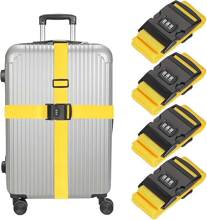 MECCANIXITY Luggage Straps with Combination Lock Adjustable Suitcase Belt Strap for Suitcase Briefcase Backpack Travel, Yellow, Pack of 4