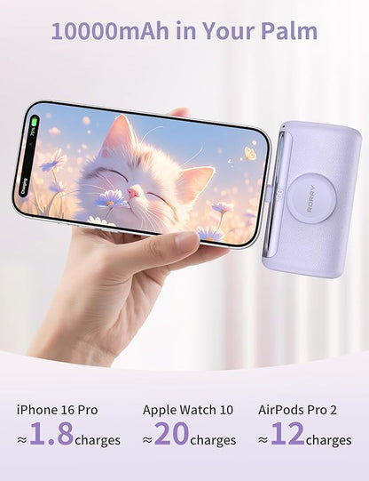 RORRY Mini Portable Charger USB C, 10000mAh PD 22.5W Fast Charging Small Power Bank, Travel Essential Battery Pack for iPhone 17/16/15 Series and Apple Watch Ultra/11/10/9/SE, iPad, Purple