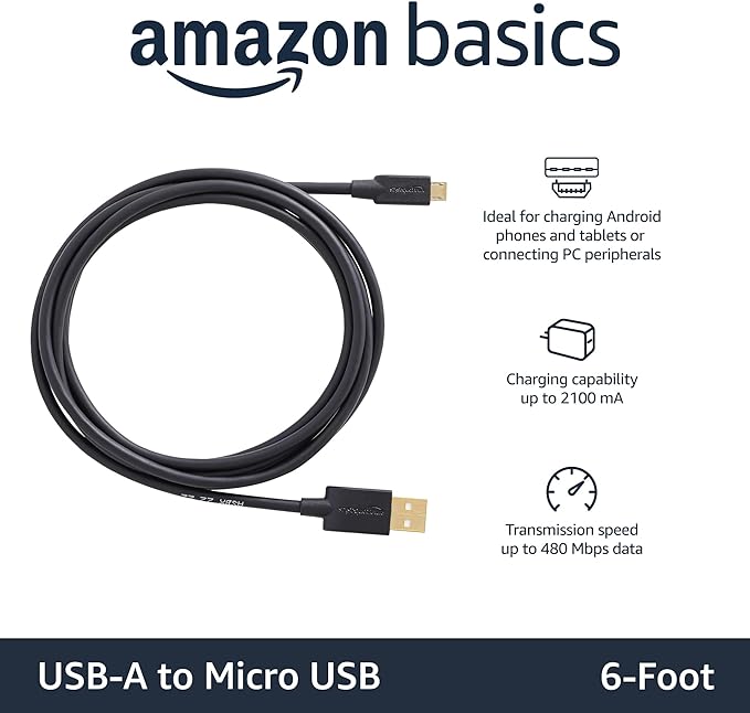 Amazon Basics 5-Pack USB-A to Micro USB Charging Cable, 480Mbps Transfer Speed with Gold-Plated Plugs, USB 2.0, 6 Foot, Black