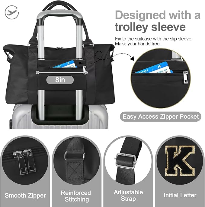 Dance Gym Duffel Bag for Teen Girls, Personalized Initial Travel Weekender Bag,Cute Overnight Carry On Duffle for Women,Sports Travel Cheer Bag,Monogram Christmas Gifts for Tween Preppy(black-K)