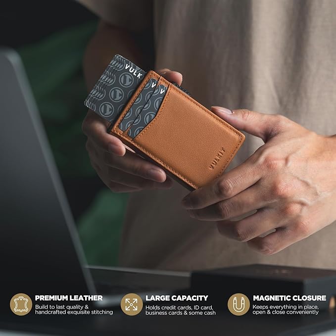 VULKIT Men's Wallet with ID Window Top Grain Leather RFID Blocking Minimalist Wallet Pop Up Card Holder Magnetic Closure