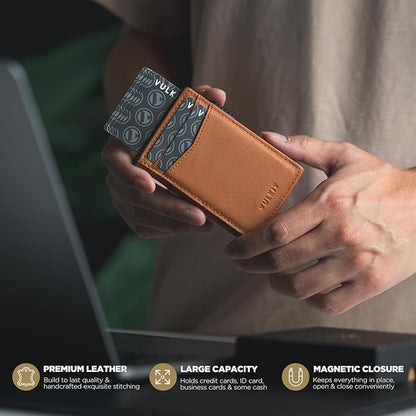 VULKIT Men's Wallet with ID Window Top Grain Leather RFID Blocking Minimalist Wallet Pop Up Card Holder Magnetic Closure