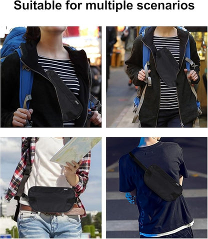 RFID Blocking Money Belt - Slim Under Cloth Passport Holder & Travel Wallet | Secure Hidden Fanny Pack for Men Women (Black-L)