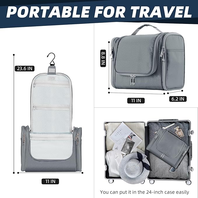 Buruis Large Toiletry Bag for Women and Men, Hanging Travel Bag for Makeup, Cosmetics, Shaving, Toiletries, Water-Resistant Dopp Kit for Gym, Camping, or Daily Use, Gray