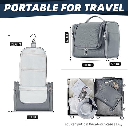 Buruis Large Toiletry Bag for Women and Men, Hanging Travel Bag for Makeup, Cosmetics, Shaving, Toiletries, Water-Resistant Dopp Kit for Gym, Camping, or Daily Use, Gray