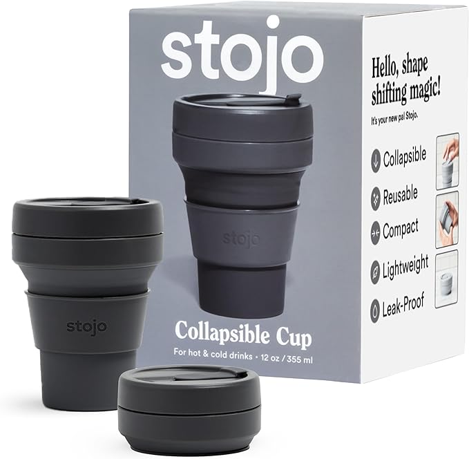 STOJO Collapsible Travel Cup - Reusable To-Go Pocket Size Silicone Bottle for Hot and Cold Drinks - Perfect for Camping - Microwave & Dishwasher Safe (Carbon, 12 Ounce (Pack of 1) - No Straw)