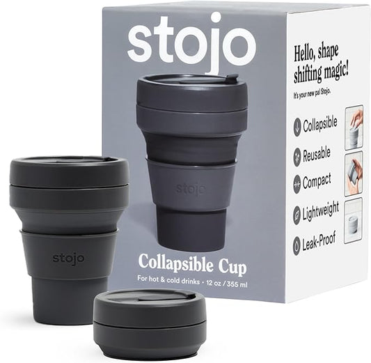 STOJO Collapsible Travel Cup - Reusable To-Go Pocket Size Silicone Bottle for Hot and Cold Drinks - Perfect for Camping - Microwave & Dishwasher Safe (Carbon, 12 Ounce (Pack of 1) - No Straw)