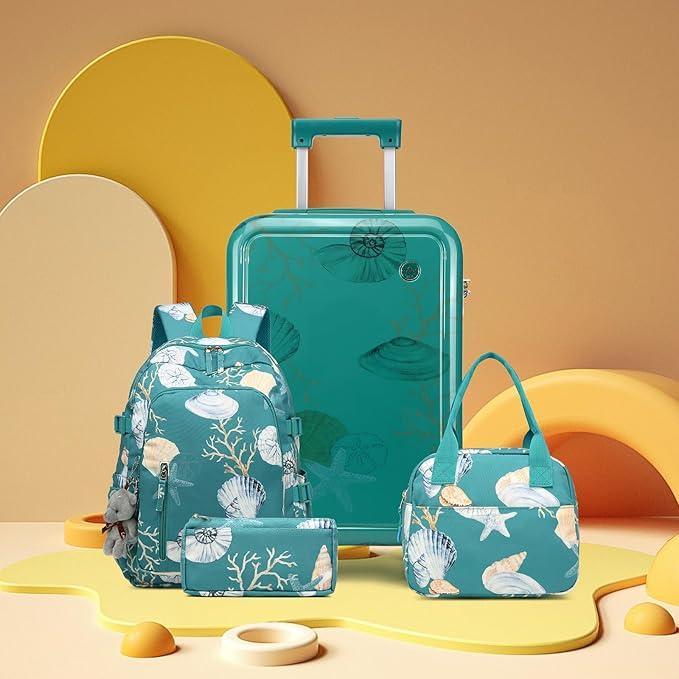 Somago 4 Piece Kid's Luggage with Backpack Set for Boys Girls Spinner 18" Hardside PC Rolling Carry on Suitcase with TSA Lock (Seashell Blue)