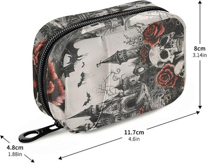 Pill Organizer Box Case Weekly Travel Pill Container Holder 7Day Cute Vitamin Organizer Dispenser Sorter Planner Storage Small Compact Halloween Castle Skull Rose Bat05