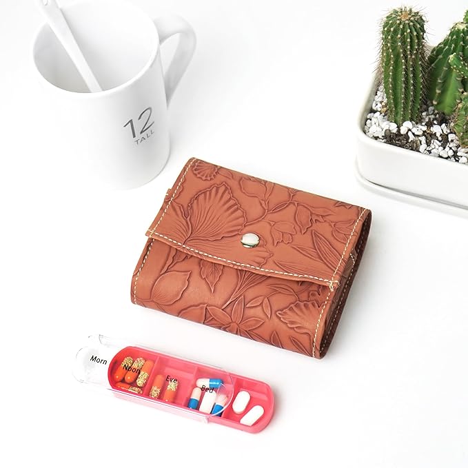 Pill Organizer,LIZIMANDU Weekly Travel Pill Case Box Medication Reminder Daily AM PM, Day Night 7 Compartments,for 4 Times A Day, 7 Days a Week-Includes Leather PU Carrying Case(1-Carved Brown)