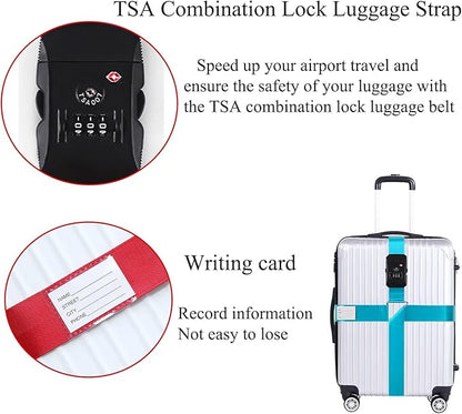 Luggage Straps for Suitcases TSA Approved Heavy Duty Adjustable Travel Belt Cross Suitcase Belts Luggage Tags with Name ID Card Travel Accessories Fit for 20-32 Inch Suitcase (Sky Blue)